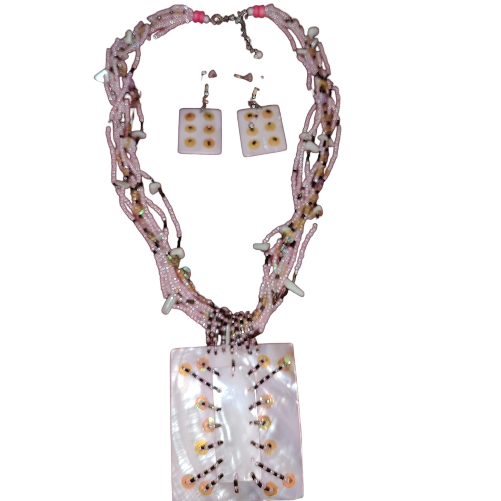 New Hand Crafted Statement Necklace/Earrings Pink… - image 2